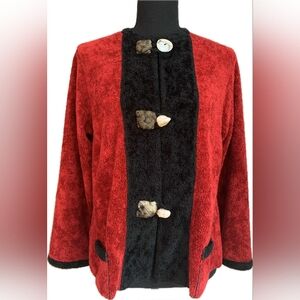 Lee Andersen Red and Black Cardigan  Size S With Semiprecious Rock/Shell Buttons